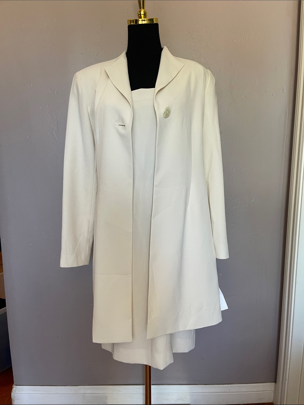 Vtg 90s Diana Hartman Ivory 2-Piece Dress Suit Set longline blazer & dress